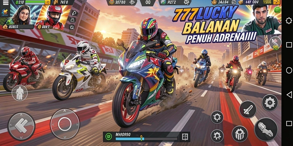 Screenshot utama 777LUCKY menampilkan balapan motor yang seru dan menegangkan.