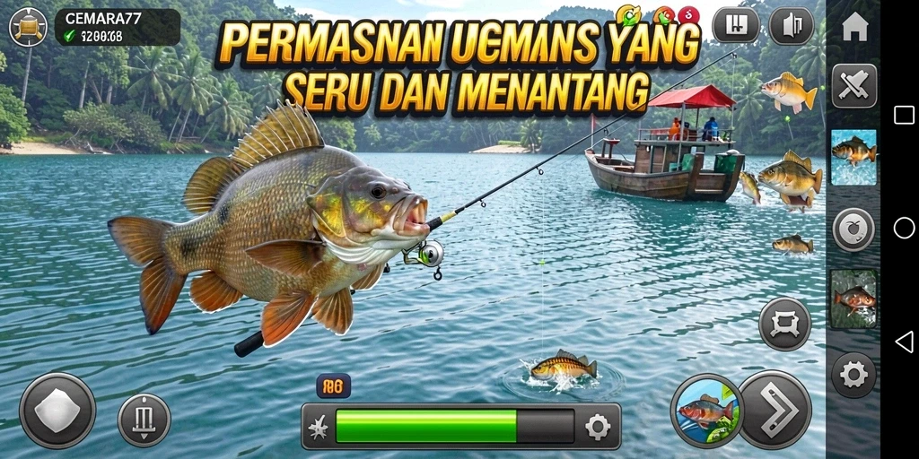 Gameplay CEMARA77 menampilkan aksi memancing yang mengasyikkan di lokasi yang indah.