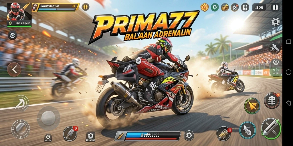 Screenshot PRIMA77 menampilkan aksi balapan motor yang seru.