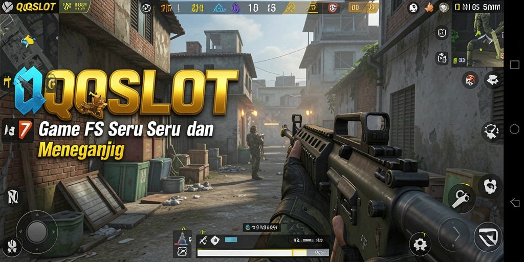 Screenshot gameplay QQSLOT menunjukkan aksi FPS yang penuh semangat.