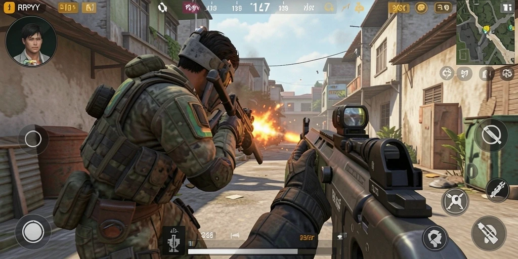 Tangkapan layar utama RPYYY menampilkan aksi tempur seru dalam permainan FPS.