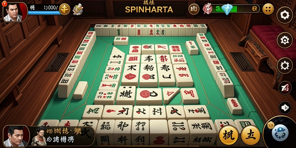 Gameplay SPINHARTA yang menarik dengan ubin Mahjong berwarna-warni.