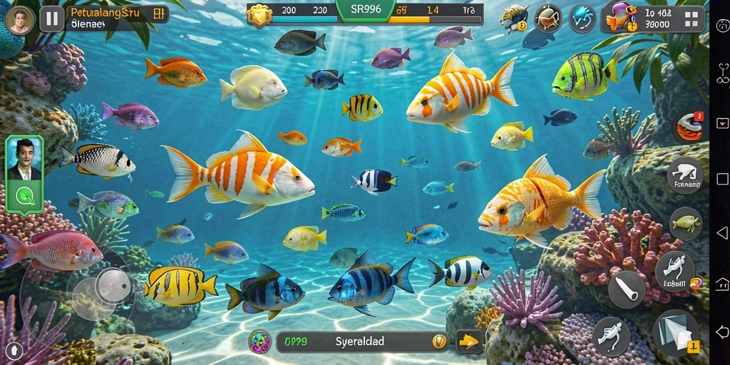 Screenshot utama SR996 menampilkan aksi seru dalam menangkap ikan.