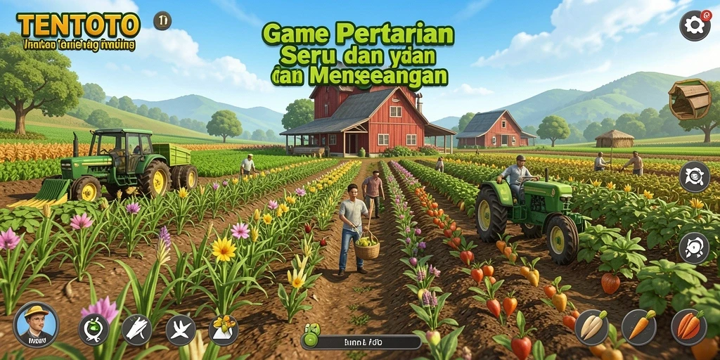Tangkapan layar utama TENTOTO menampilkan kebun yang indah dan interaksi petani.